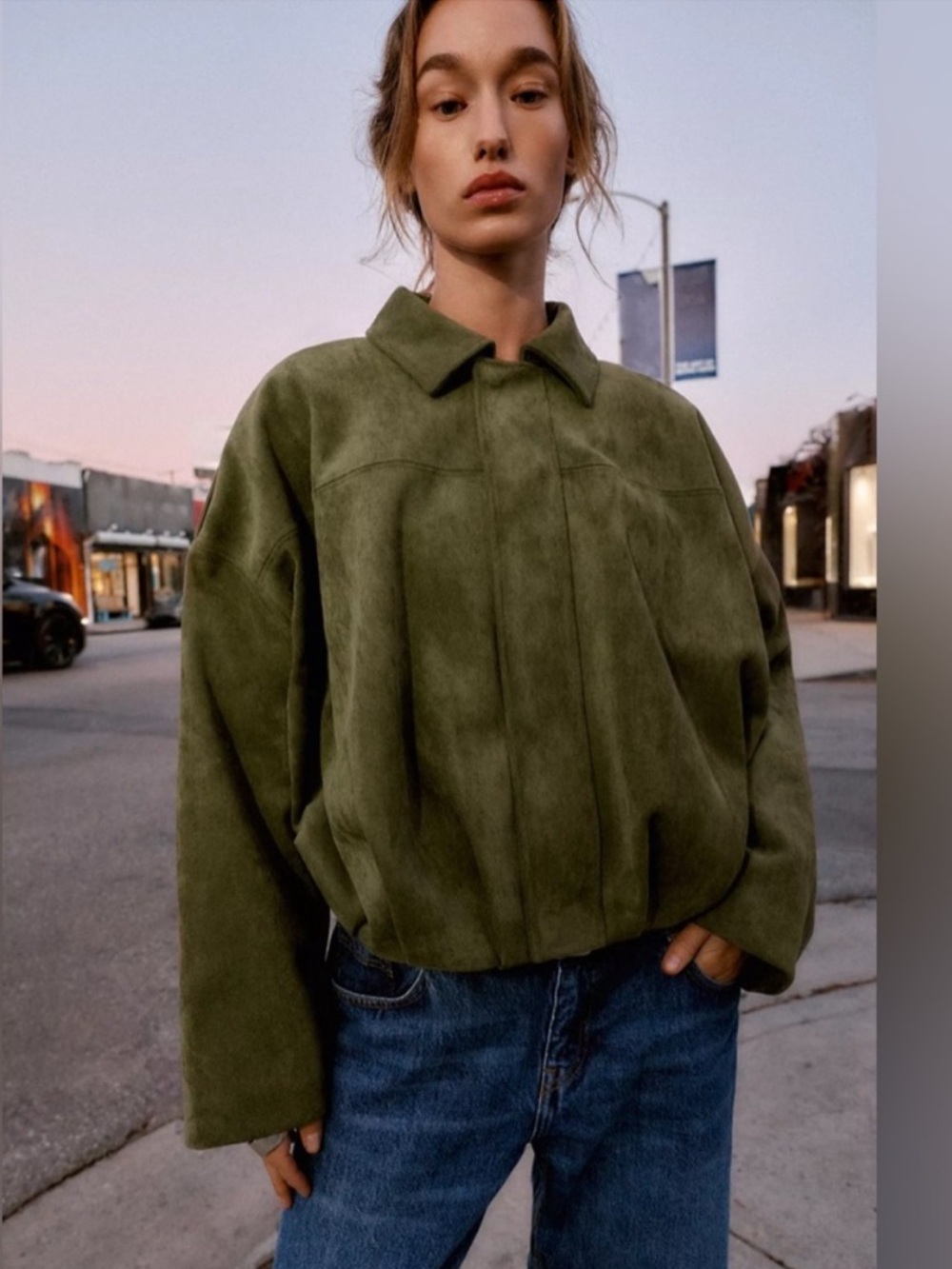 Zara Olive Green Suede Bomber Jacket